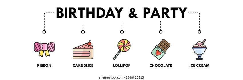 Birthday and Party banner web icon illustration concept with icon of ribbon, cake slice, lollipop, chocolate, and ice cream