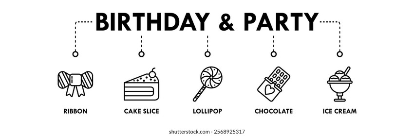 Birthday and Party banner web icon illustration concept with icon of ribbon, cake slice, lollipop, chocolate, and ice cream