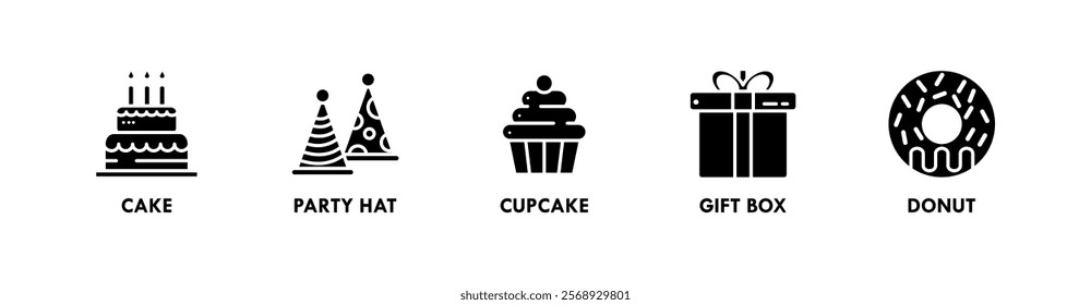 Birthday and Party banner web icon illustration concept with icon of cake, party hat, cupcake, gift box, and donut