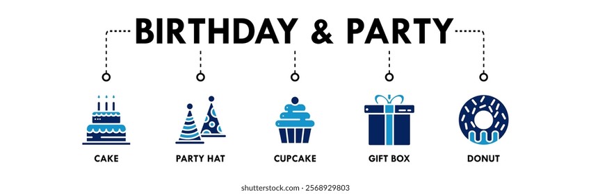 Birthday and Party banner web icon illustration concept with icon of cake, party hat, cupcake, gift box, and donut