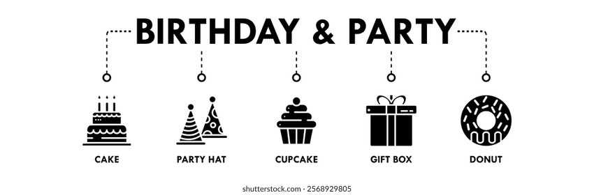 Birthday and Party banner web icon illustration concept with icon of cake, party hat, cupcake, gift box, and donut