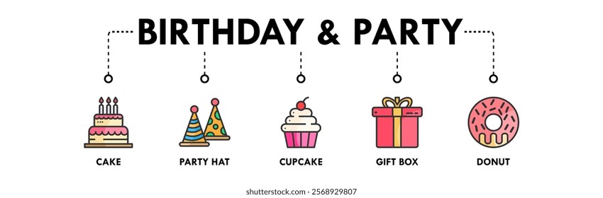 Birthday and Party banner web icon illustration concept with icon of cake, party hat, cupcake, gift box, and donut