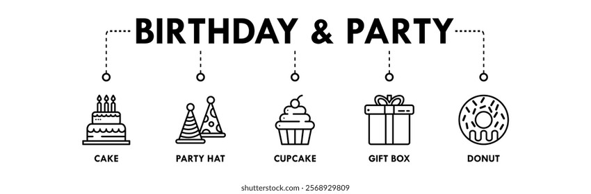 Birthday and Party banner web icon illustration concept with icon of cake, party hat, cupcake, gift box, and donut