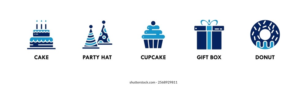 Birthday and Party banner web icon illustration concept with icon of cake, party hat, cupcake, gift box, and donut