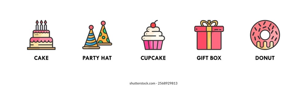 Birthday and Party banner web icon illustration concept with icon of cake, party hat, cupcake, gift box, and donut