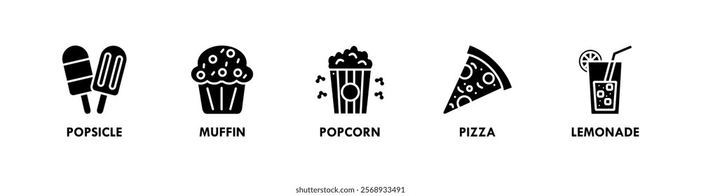 Birthday and Party banner web icon illustration concept with icon of popsicle, muffin, popcorn, pizza, and lemonade