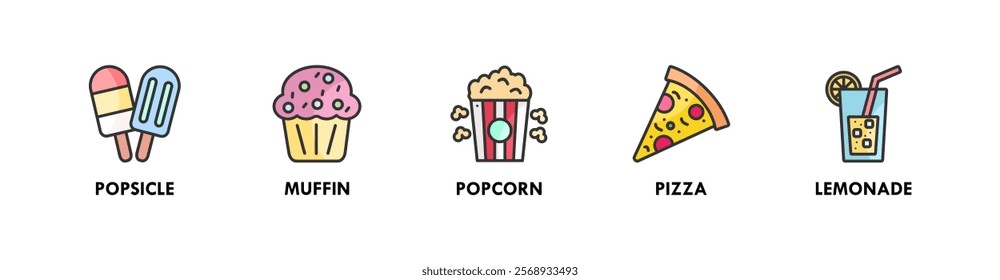 Birthday and Party banner web icon illustration concept with icon of popsicle, muffin, popcorn, pizza, and lemonade