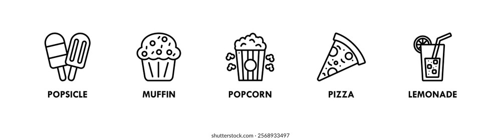 Birthday and Party banner web icon illustration concept with icon of popsicle, muffin, popcorn, pizza, and lemonade