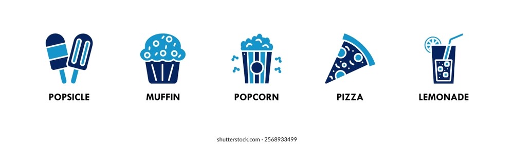 Birthday and Party banner web icon illustration concept with icon of popsicle, muffin, popcorn, pizza, and lemonade