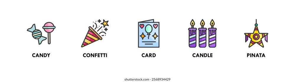 Birthday and Party banner web icon illustration concept with icon of candy, confetti, card, candle, and pinata