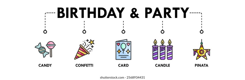 Birthday and Party banner web icon illustration concept with icon of candy, confetti, card, candle, and pinata