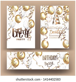 Birthday party banners with air balloons and serpentine. Vector illustration