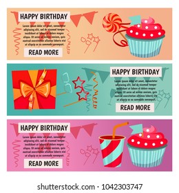 Birthday party. Banners for birthday party, cafe, restraurant. Vector flat design.