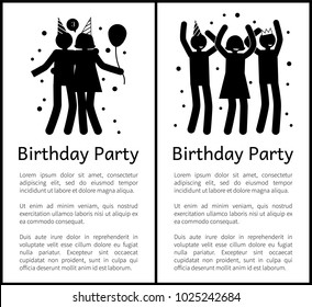 Birthday party banners with people black silhouettes that hug and dance cartoon flat vector illustrations set and sample texts on white background.