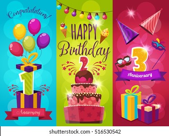 Birthday party banners set with balloons fireworks gift boxes and masks icecream and ribbons isolated vector illustration