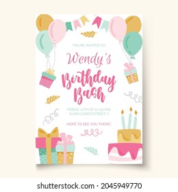 Birthday party. Birthday bash template with lettering cake in childish style for designing own posters and invitation cards. Vector illustration