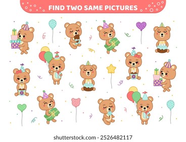 Birthday party of bear. Find two same pictures. Educational game for kids with bears. Spot two identical pictures. Cartoon, isolated vector illustration eps 10