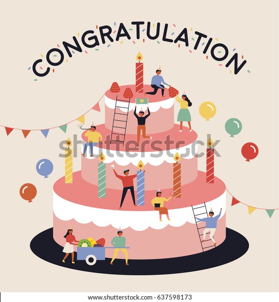 誕生日パーティーのビッグケーキの漫画のベクター画像イラストフラットデザイン のベクター画像素材 ロイヤリティフリー