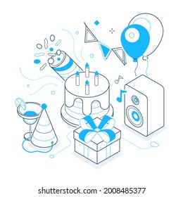 Birthday party - black and blue isometric line illustration. Set of holiday celebration symbols, festival elements. Flags, hat, cake, balloons, present, music, birthday cake, petard