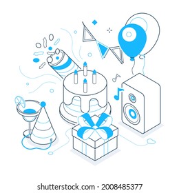 Birthday party - black and blue isometric line illustration. Set of holiday celebration symbols, festival elements. Flags, hat, cake, balloons, present, music, birthday cake, petard svg