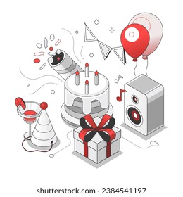 Birthday party - black and red isometric line illustration