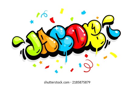 Birthday party boy name Jacob. Kids Illustration color letters in flop style 