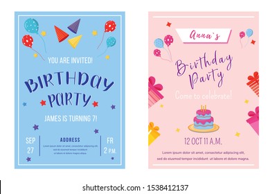 Birthday party brochure templates set. Flyer, booklet, leaflet concept with flat illustrations. Vector page cartoon layout for magazine. Anniversary celebration invitation with text space