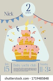  Birthday party brochure vector templates. Birthday invitation poster concept for children with cupcake. Vector page cartoon layout for magazine.