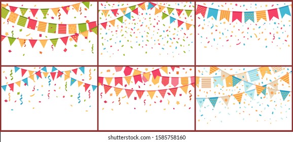 Birthday party bunting and confetti. Color paper streamers, confettis explosion and buntings flags. Festival celebration flag, decorative bunting. Isolated cartoon vector background set