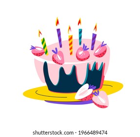 Birthday party cake is beautifully decorated with sweet cream, strawberries and burning candles. Vector illustration flat print style happy birthday party concept