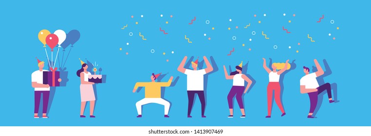 Birthday party with cake and colorful balloons. People dancing and having fun. Friendship. Celebration. Flat vector illustration.