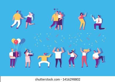 Birthday party with cake and colorful balloons. People dancing and having fun. Friendship. Celebration. Flat vector illustration.