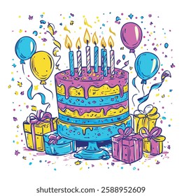 Birthday party cake, colorful vector illustration, blue, purple, yellow, white background, eps