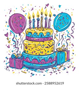 Birthday party cake, colorful vector illustration, blue, purple, yellow, white background, eps