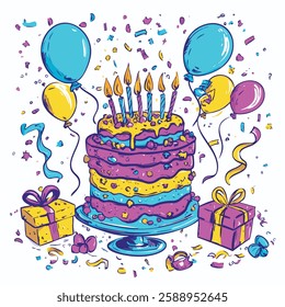 Birthday party cake, colorful vector illustration, blue, purple, yellow, white background, eps