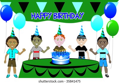 A birthday party with cake. Five young happy boys celebrating.