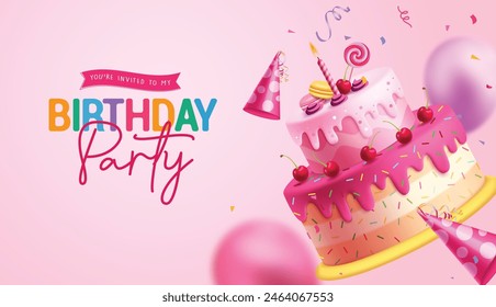 Diseño de Vector de pastel de fiesta de cumpleaños. Tarjeta de invitación de cumpleaños con decoración de Elementos de postre dulce de sabor a fresa y cereza en fondo rosa. Plantilla de invitación de cumpleaños de Ilustración vectorial. 
