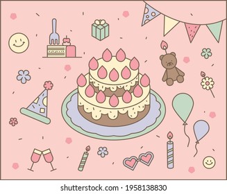 Birthday party cakes and decorations. outline simple vector illustration.