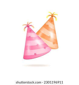 Birthday party caps 3d vector illustration. Colorful hats for surprise birthday party in cartoon style isolated on white background. Anniversary, holiday, happiness concept