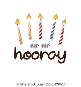Birthday party card with cake candles burning flame of wax paraffin . "Hip hip hooray" handwritten wishes lettering. Celebration card. Postcard, card. cover, invitation template. Cartoon vector
