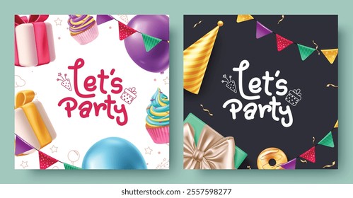 Birthday party card clipart poster set. Happy birthday greetings and whishes text with gift box, balloons, cup cake and pennants decoration elements. Vector illustration invitation card clip art 