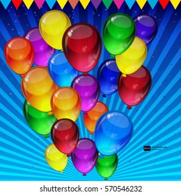 Birthday party card - colorful festive balloons, confetti, ribbons flying for celebrations card in blue background with space for you text.