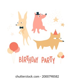 Birthday party card with cool dogs. Cute pets in festive hats and bow. Balloons, stars, crazy animals holiday. Kids print, celebration invitation, contemporary vector illustration.