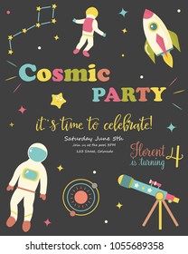 Birthday Party Card with Cosmic objects. Invitation Card Template