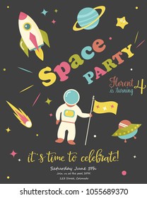 Birthday Party Card with cosmic objects. Invitation Card Template