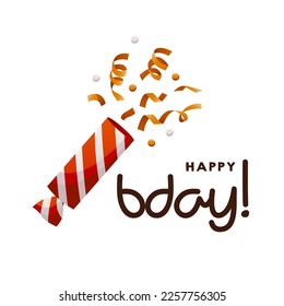 Birthday party card with party cracker with confetti. Carnival popper. "Happy Birthday" handwritten wishes lettering. Celebration card. Postcard, card. cover, invitation template. Cartoon vector