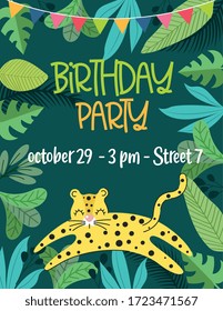 birthday party card with cute leopard between leaves and pennants. vector illustration