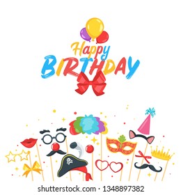 Birthday party card design template with photo prop and party decorations. Vector illustration.