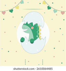 Birthday party card with dinosaur in egg, background, sample, template, text box, flags, hearts, confetti
