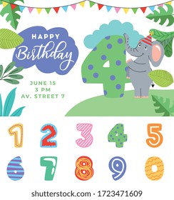 birthday party card with elephant cartoon with number four between jungle. vector illustration
